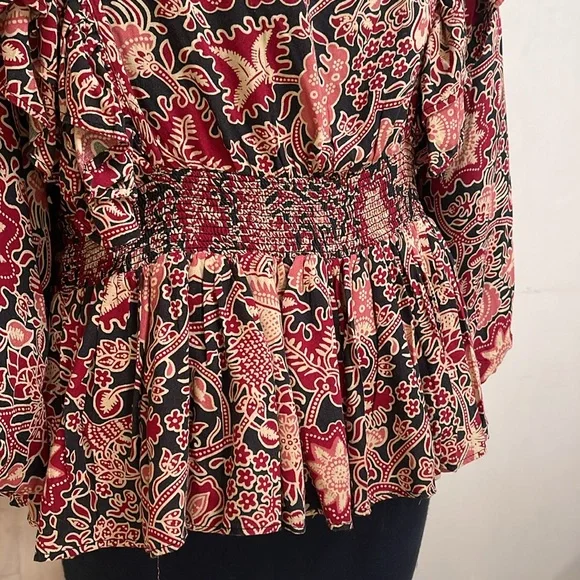 House of Harlow 1960 Jaipur Print Boho Abstract Floral Blouse Top Sz L Black Red - Picture 11 of 16